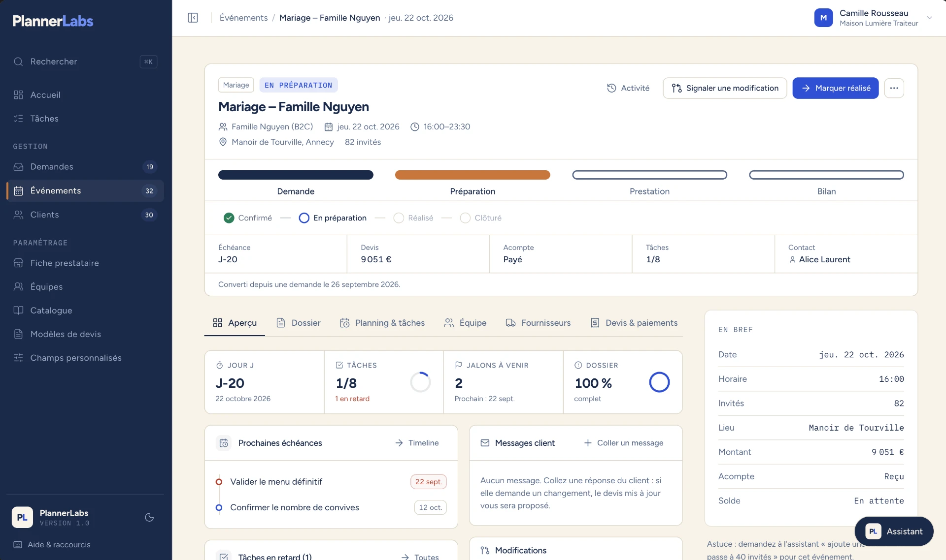 Fiche d’un événement PlannerLabs avec les quatre temps, les tâches, les échéances et les informations essentielles